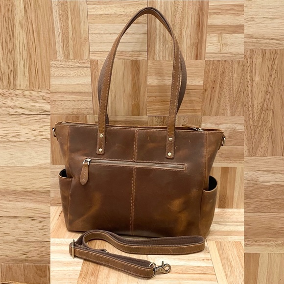 S-Zone Distressed Genuine Leather Tote Bag Cowhide Leather Laptop Travel Bag - Picture 10 of 16